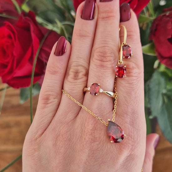 Red garnet jewelry set, roter Granat Schmuckset, Granat Ring, Granat Ohrringe, Garnet ring, garnet earrings, Red Garnet Kette, red garnet necklace, Halskette, necklace, Halskette mit Anhänger, Granat Halskette, red pendant necklace, Kette mit Edelstein Anhänger - rote Granat Halskette Edelstein Anhänger red garnet, 925 Sterlingsilber Halskette